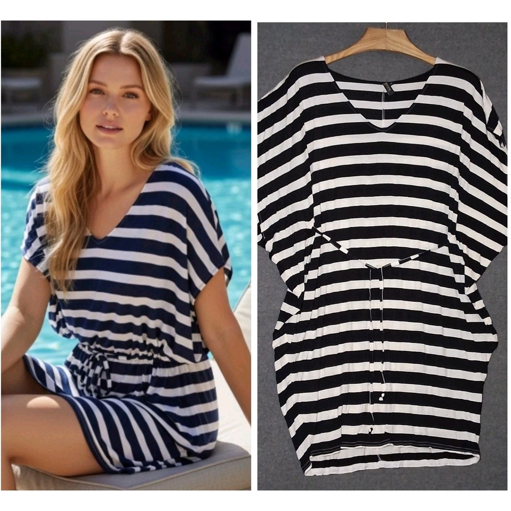 Bond-Eye Australia Nip Tuck Swim Cover Up Dress Small Black & White Stripe Beach